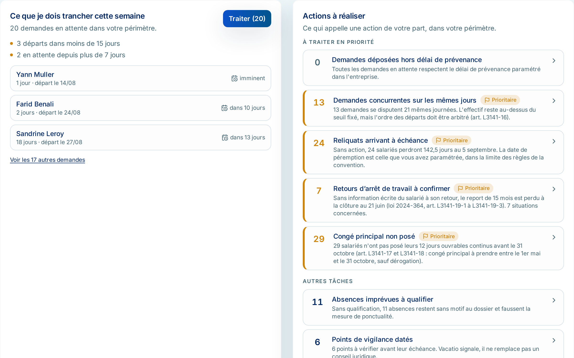 File d'actions à réaliser : demandes en attente et reliquats de congés qui expirent, avec le nombre de jours en jeu.